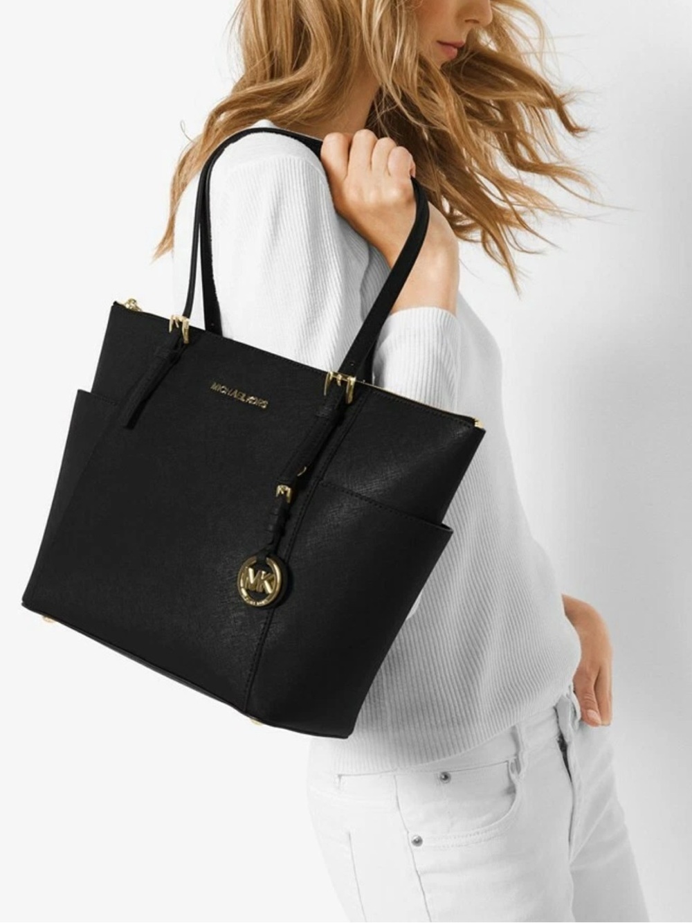 MICHAEL Michael Kors Jet Set Large Ew Black Leather Tote